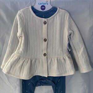 Carter's girls three piece set, cream & blue, 24 mos - NWT